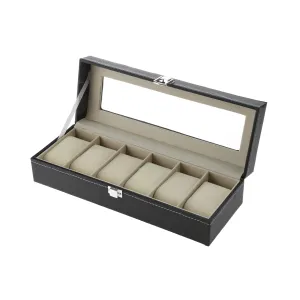 6-Slot Leather Watch Box with Word Lock and Stylish Pillow for Storage