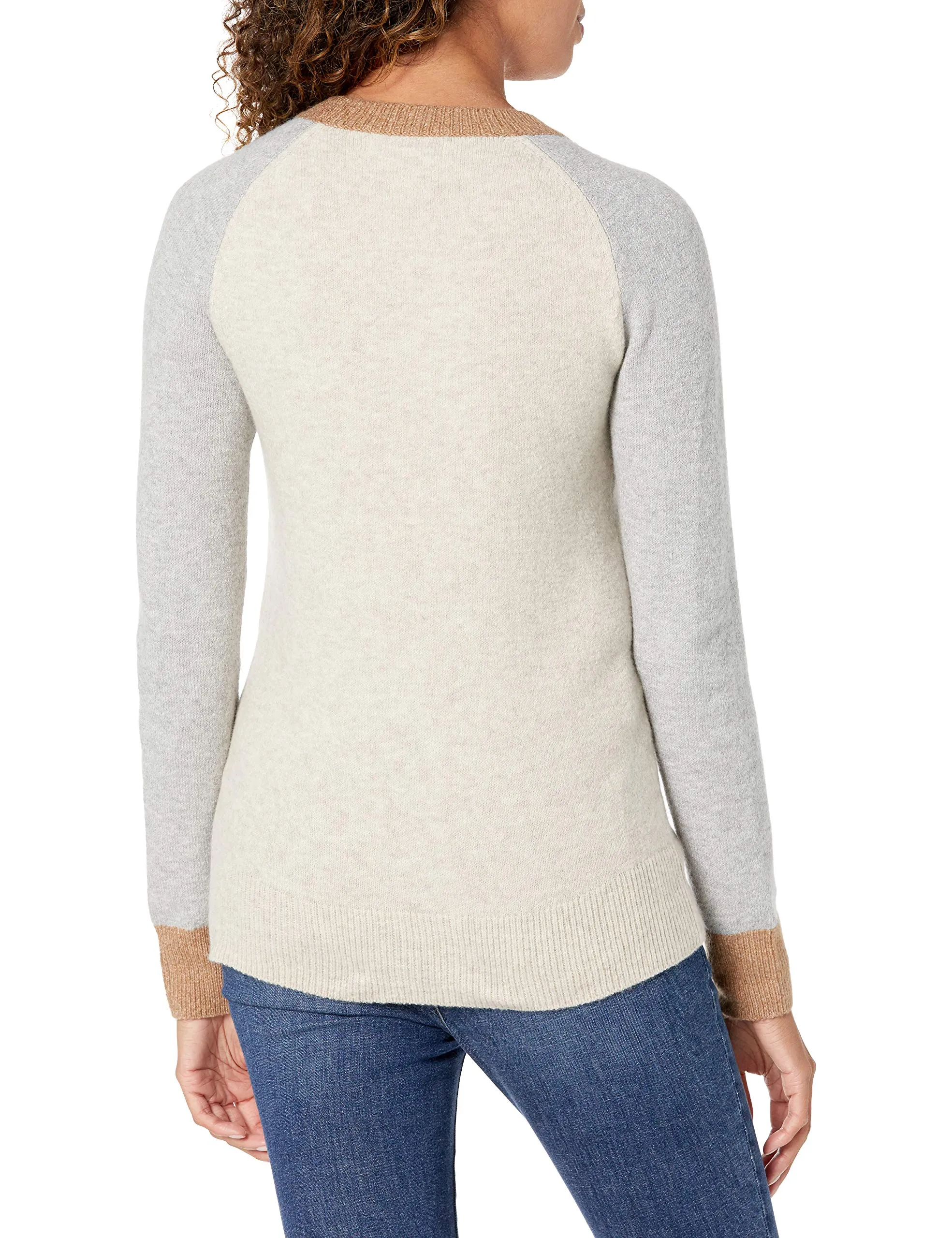 Amazon Essentials Women's Classic-Fit Soft Touch Long-Sleeve Crewneck Sweater, Grey Oatmeal Heather Color Block, Medium