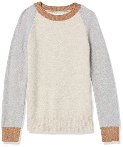 Amazon Essentials Women's Classic-Fit Soft Touch Long-Sleeve Crewneck Sweater, Grey Oatmeal Heather Color Block, Medium