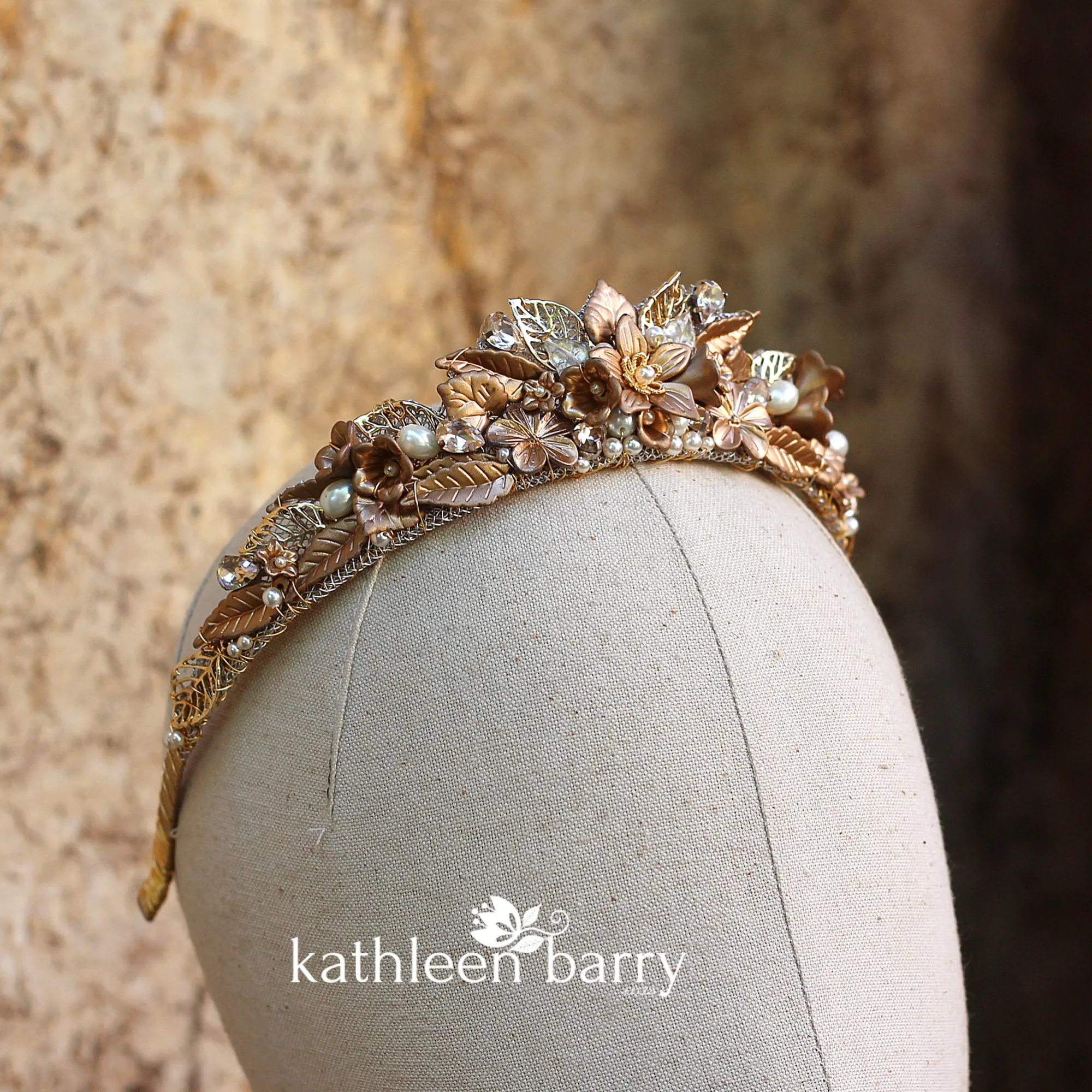 Amy Golden bronze botanical crown with rhinestones and pearls - Colors available