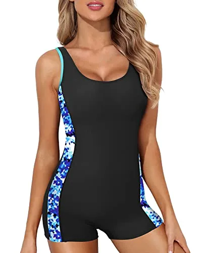 Athletic One Piece Swimsuits Boy Shorts Bathing Suit Teen Girls-Black And Geometry