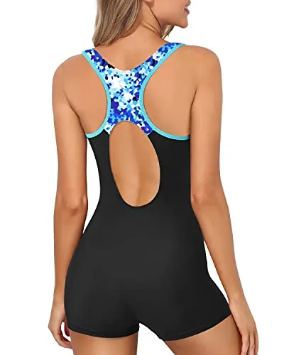 Athletic One Piece Swimsuits Boy Shorts Bathing Suit Teen Girls-Black And Geometry