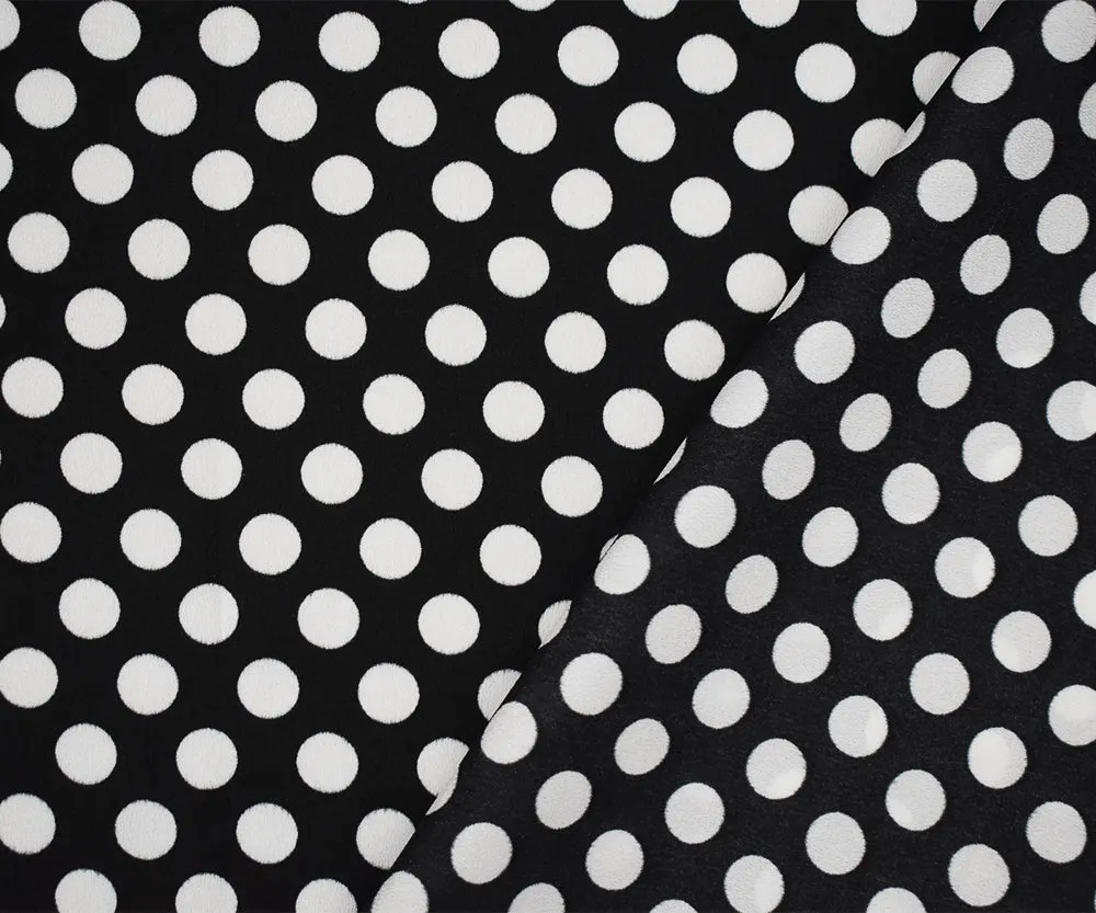 Black-White Polka Dot Printed Poly Crepe Momie Georgette Woven Fabric