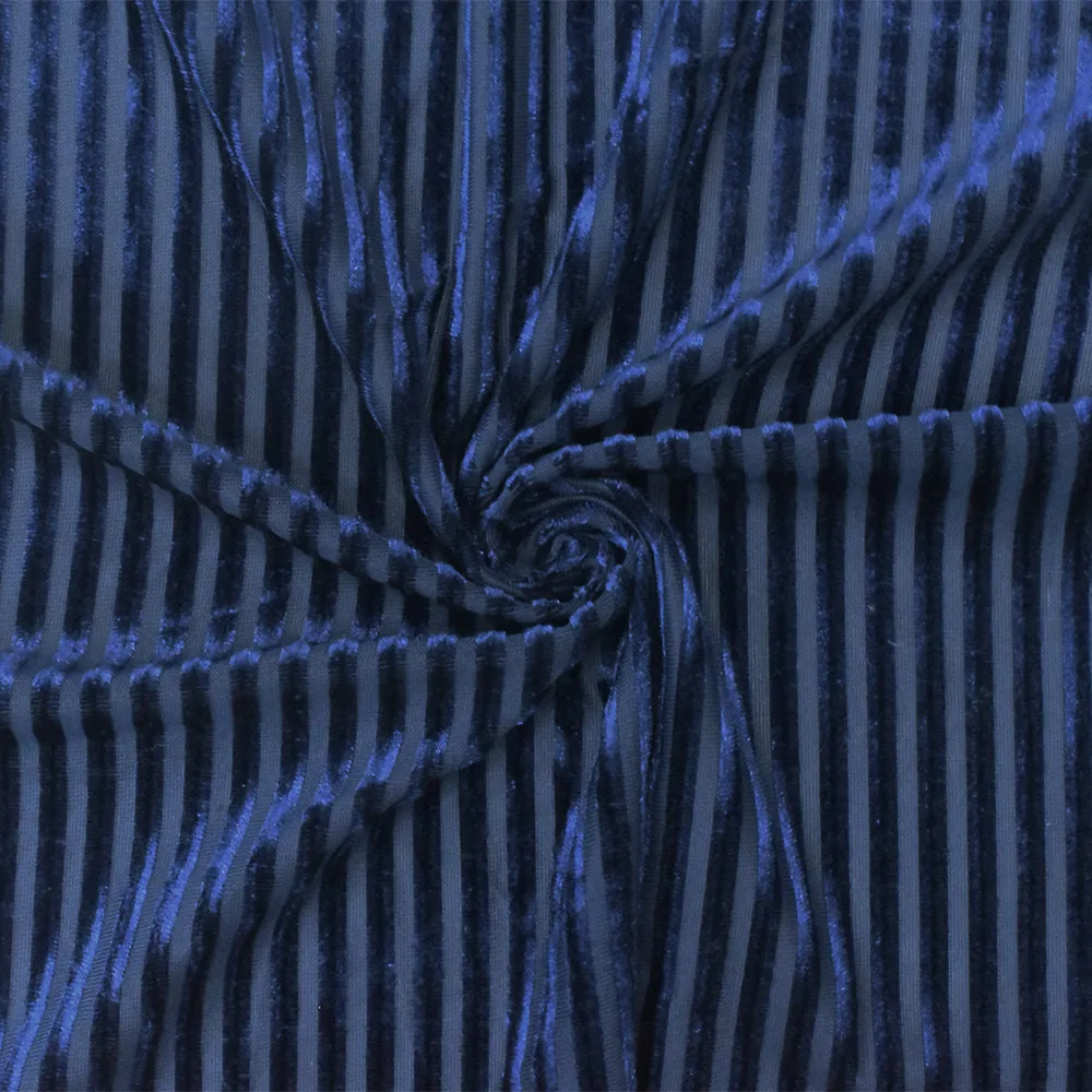 Blue Stripe Burnout Stretch Poly Spandex Velvet Knit Fabric