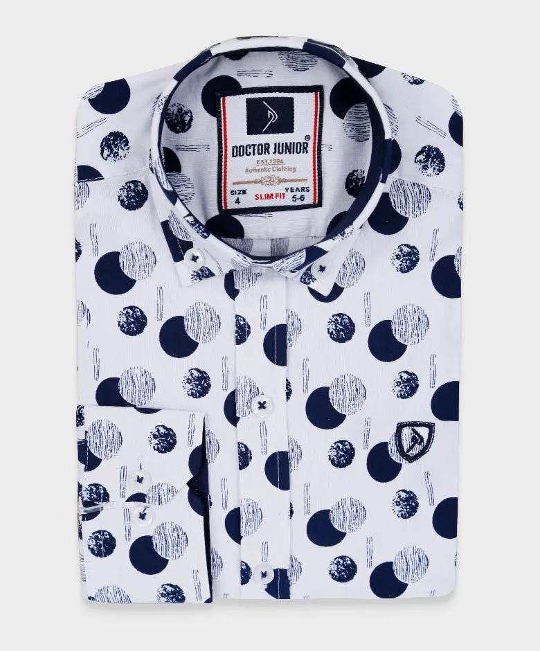 Boys Slim Fit Patterned Printed Casual Shirt - Navy Blue- White