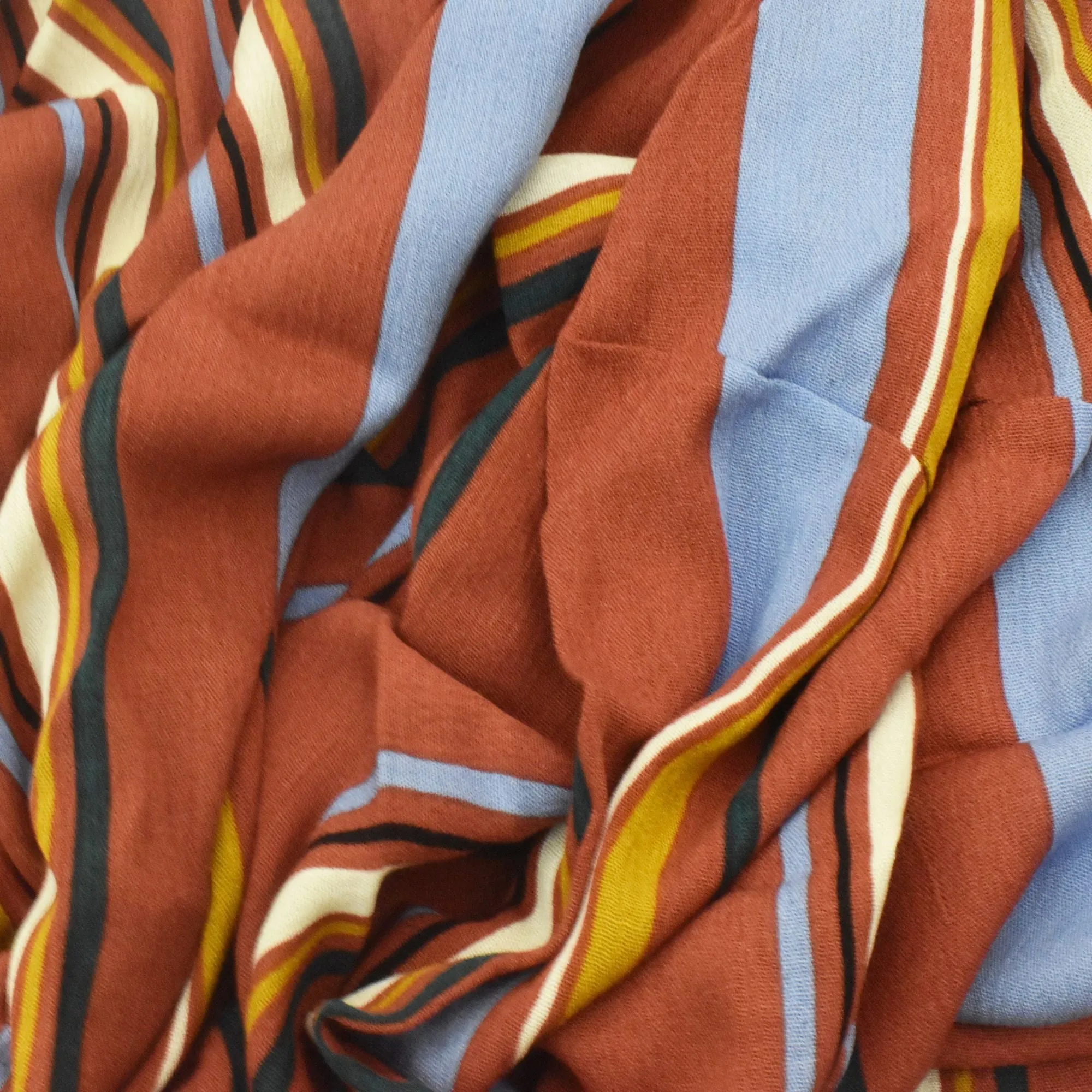 Brick Red-Blue-Multi Stripe Printed Rayon Crepe Challis fabric