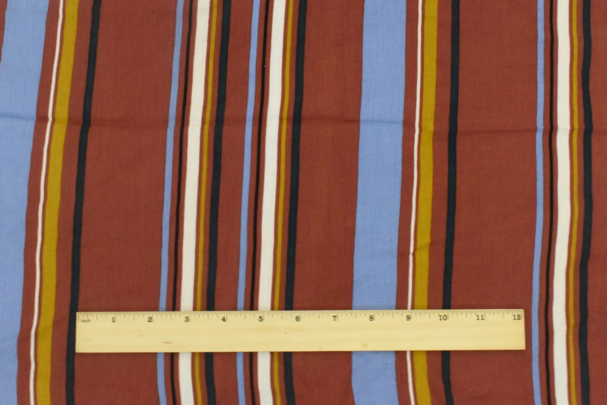 Brick Red-Blue-Multi Stripe Printed Rayon Crepe Challis fabric