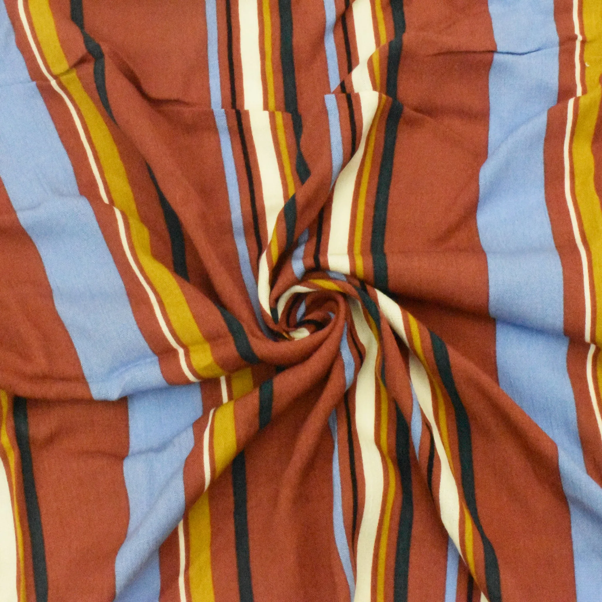 Brick Red-Blue-Multi Stripe Printed Rayon Crepe Challis fabric