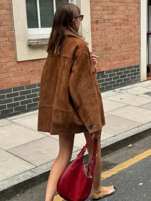 Brown Single Breasted Lapel Loose Jacket For Woman Casual Warm Long Sleeve Short Coat 2024 Autumn Lady High Street Outerwear