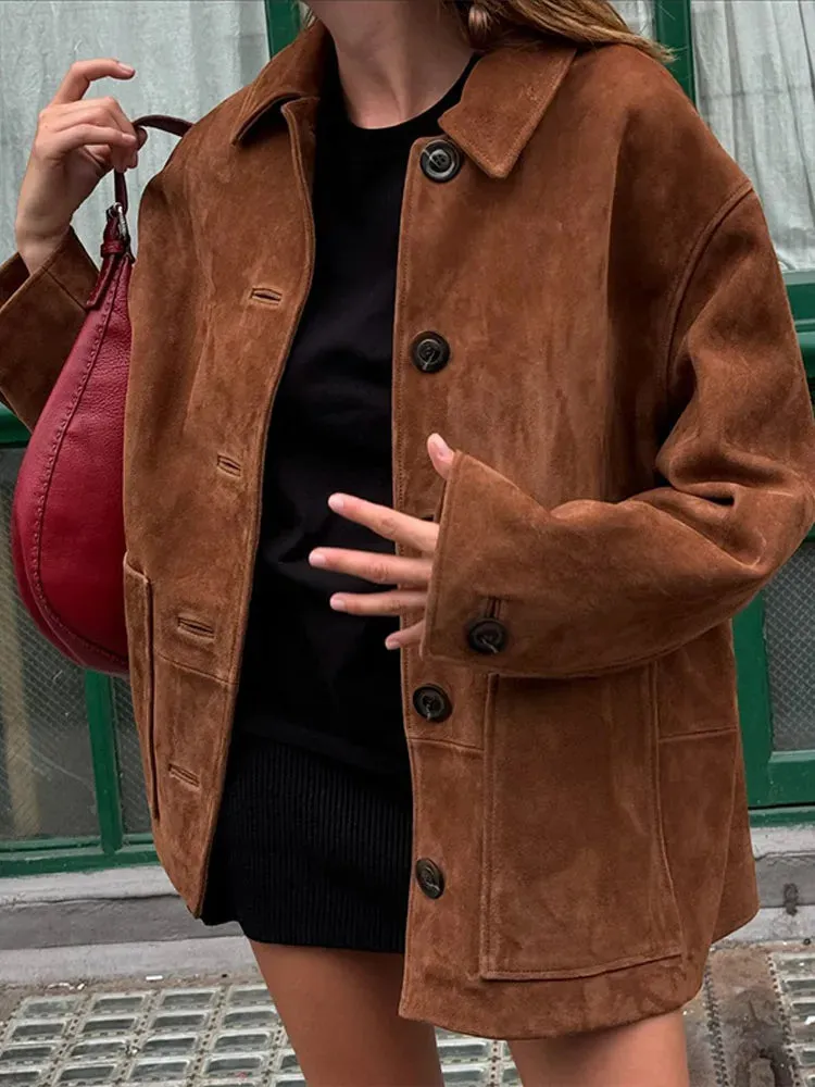 Brown Single Breasted Lapel Loose Jacket For Woman Casual Warm Long Sleeve Short Coat 2024 Autumn Lady High Street Outerwear