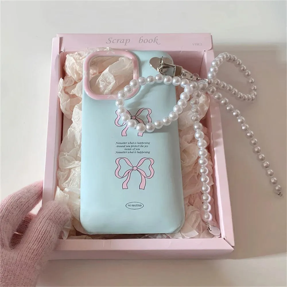 CCPC319 Cute Phone Case for iPhone 15, 14, 13, 12 Pro Max, 14, 15 Plus, 11 X, XR, and XS Max - With Bowknot Pearl Pendant