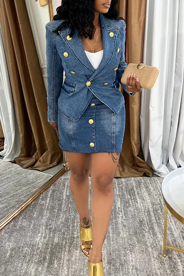 Chic Peak Collar Denim Blazer & Skirt Set