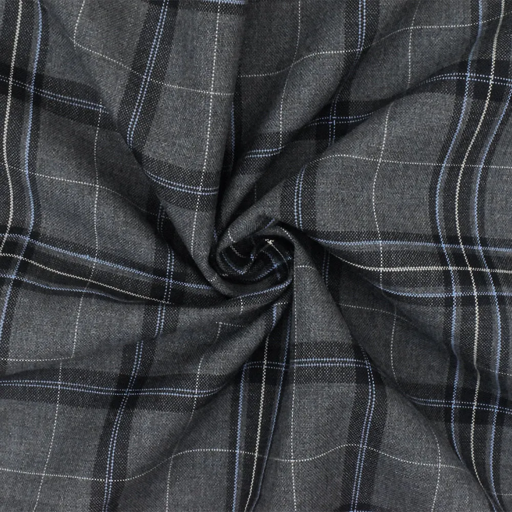 Cool Gray-Blue-Multi Plaid Wool-Poly Woven Suiting Fabric