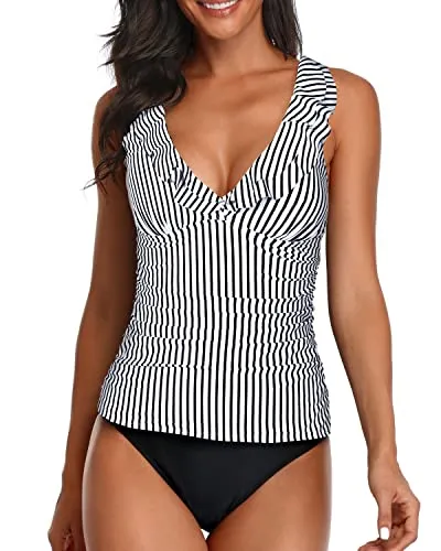 Elegant Deep V Neck Ruched Swimwear Tummy Control Swimsuits For Women-Black And White Stripe