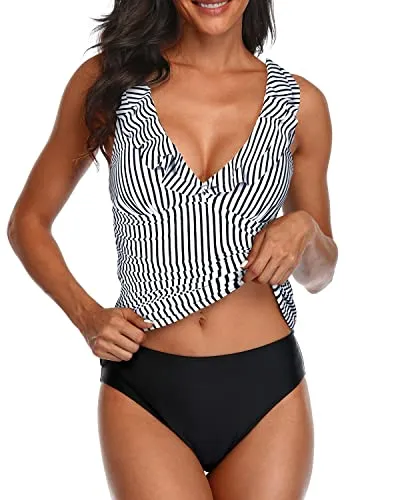 Elegant Deep V Neck Ruched Swimwear Tummy Control Swimsuits For Women-Black And White Stripe