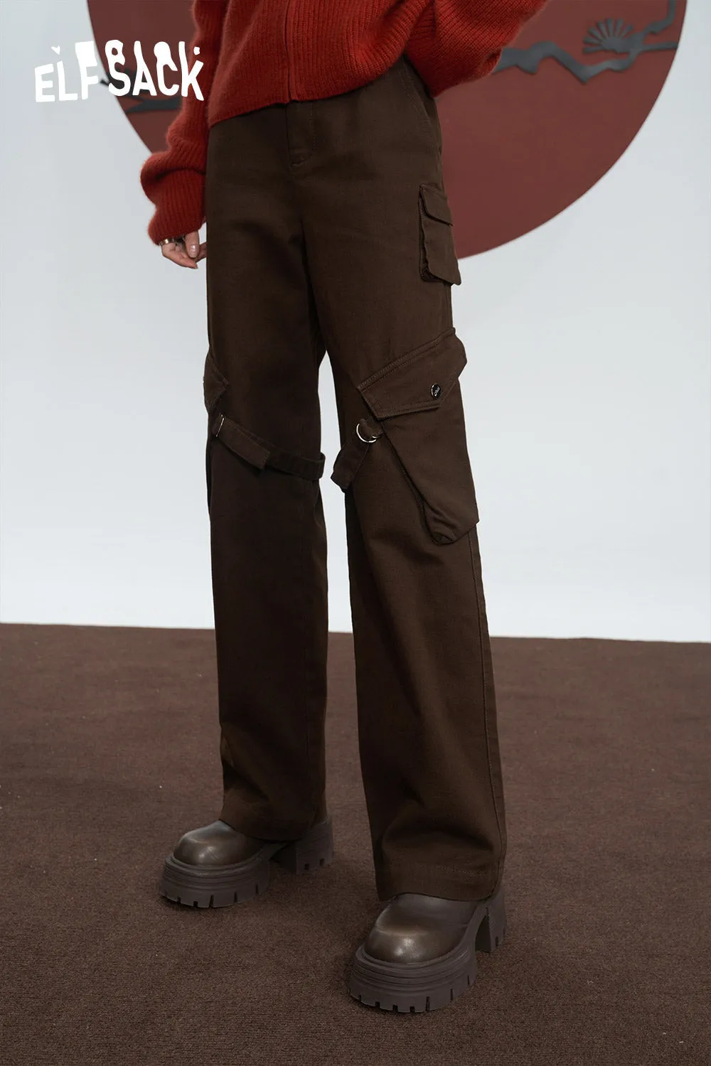 ELFSACK Cotton Cargo Pants Women 2023 Winter High Waist American Style Casual Daily Trousers