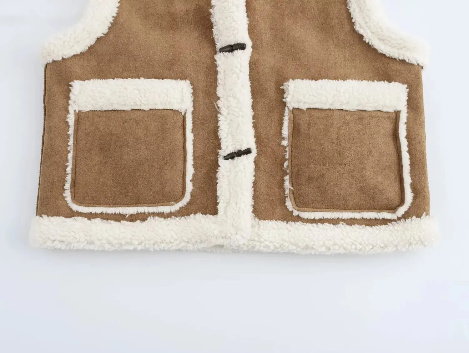 Faux Fur Lapel Horn Buttons Sleeveless Jacket