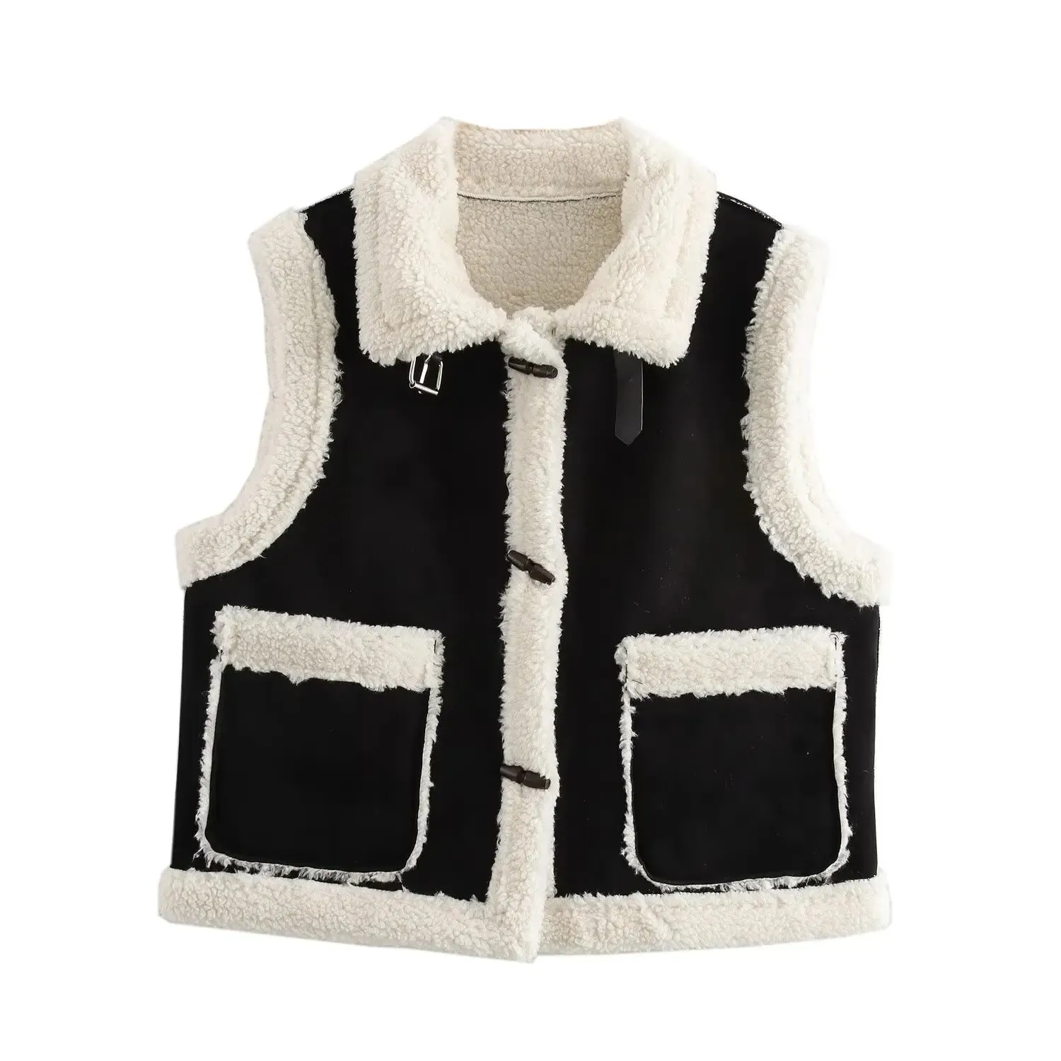 Faux Fur Lapel Horn Buttons Sleeveless Jacket