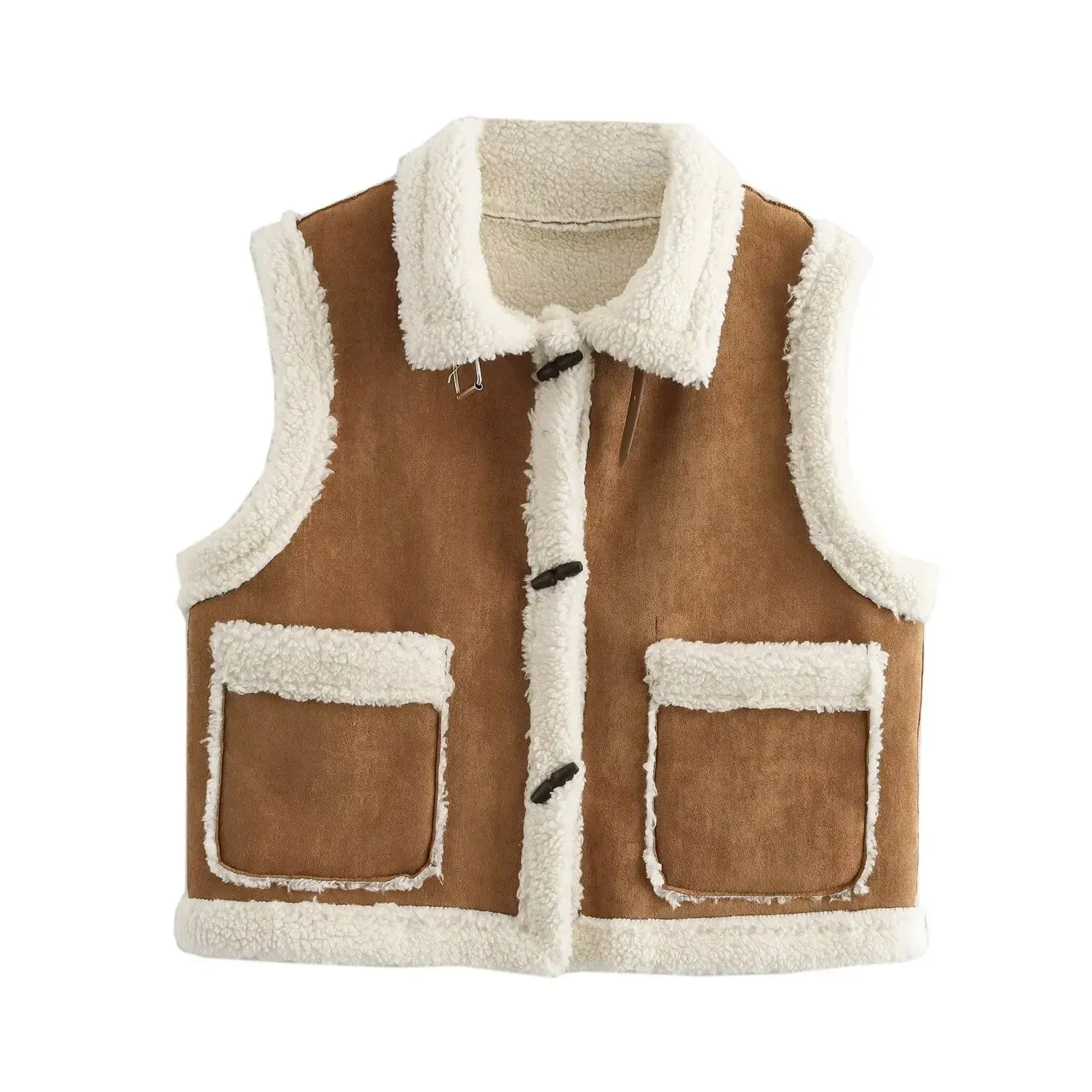 Faux Fur Lapel Horn Buttons Sleeveless Jacket