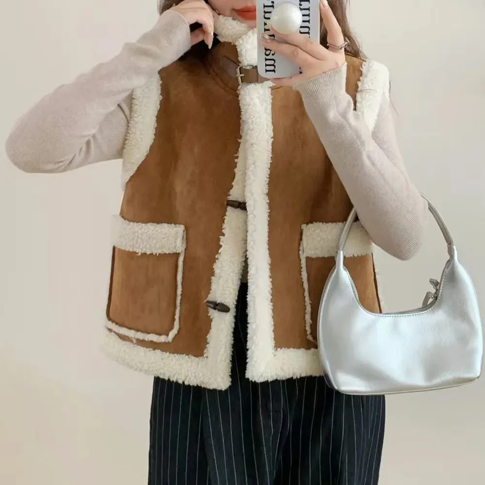 Faux Fur Lapel Horn Buttons Sleeveless Jacket