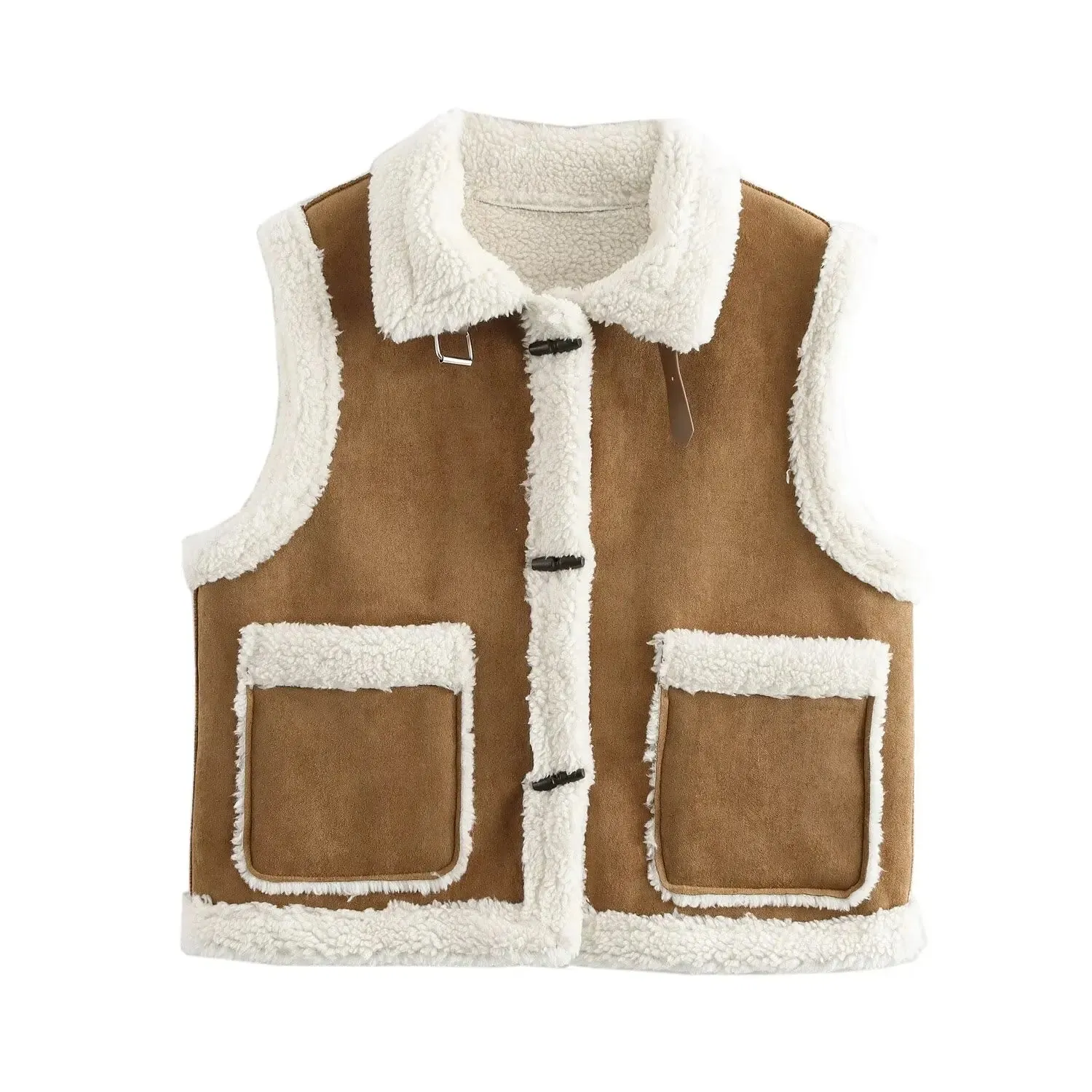 Faux Fur Lapel Horn Buttons Sleeveless Jacket