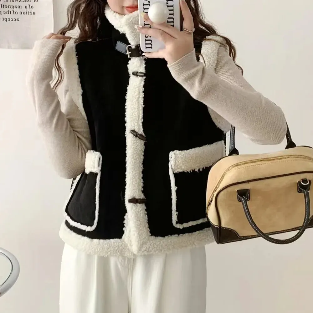 Faux Fur Lapel Horn Buttons Sleeveless Jacket