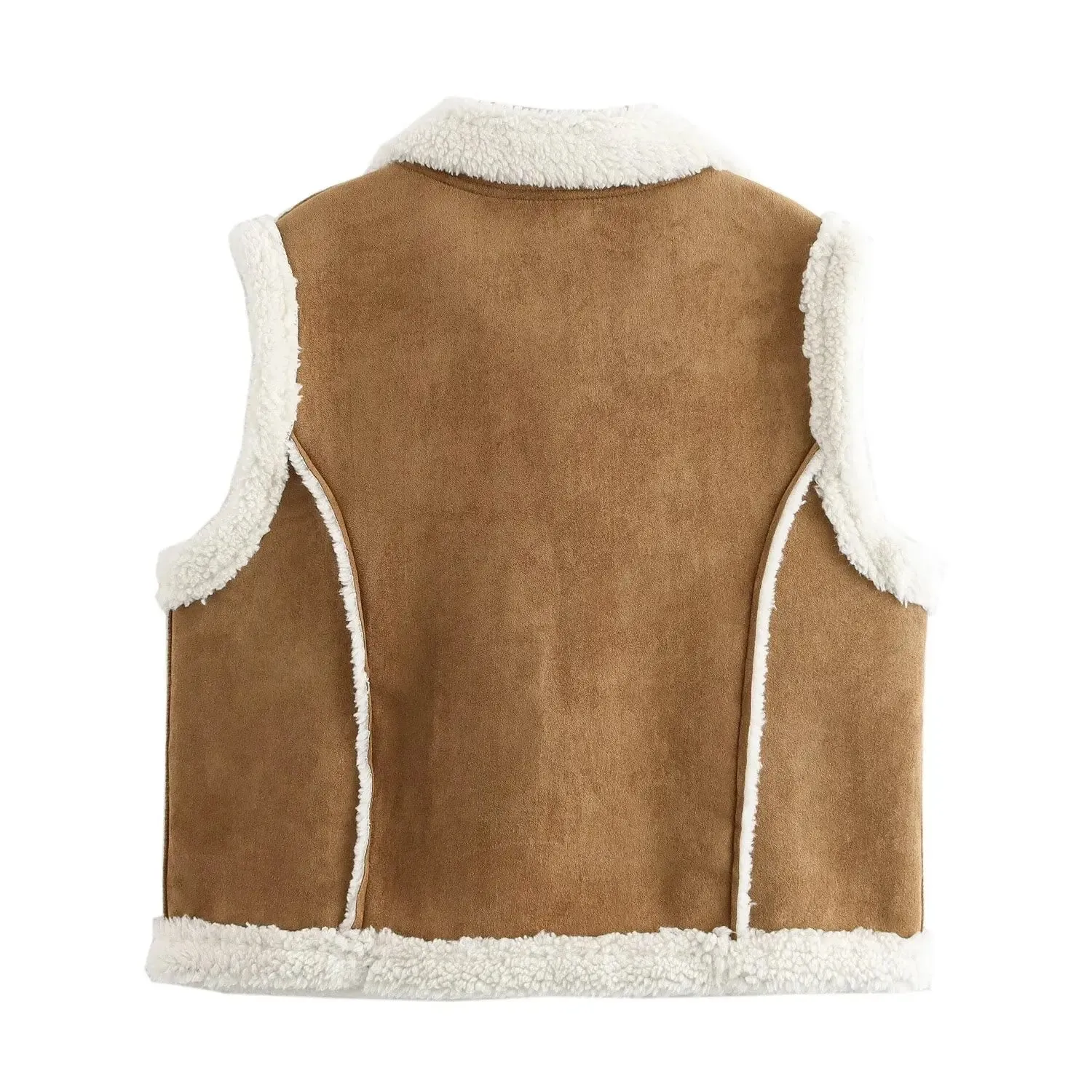 Faux Fur Lapel Horn Buttons Sleeveless Jacket