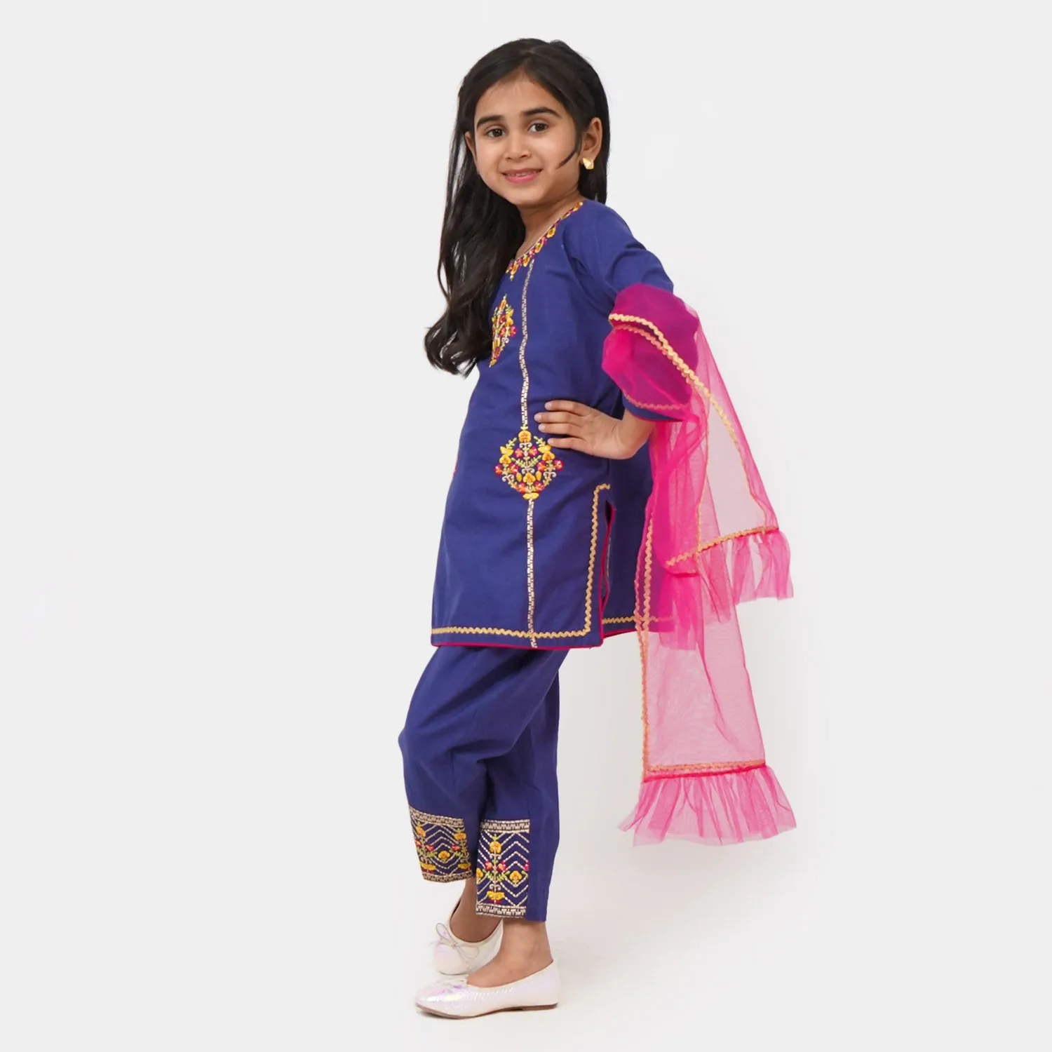 Girls Jacquard Rang Raiz 3Pcs Suit - Navy Blue