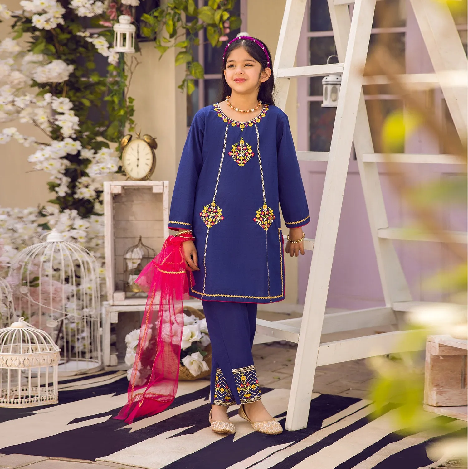 Girls Jacquard Rang Raiz 3Pcs Suit - Navy Blue