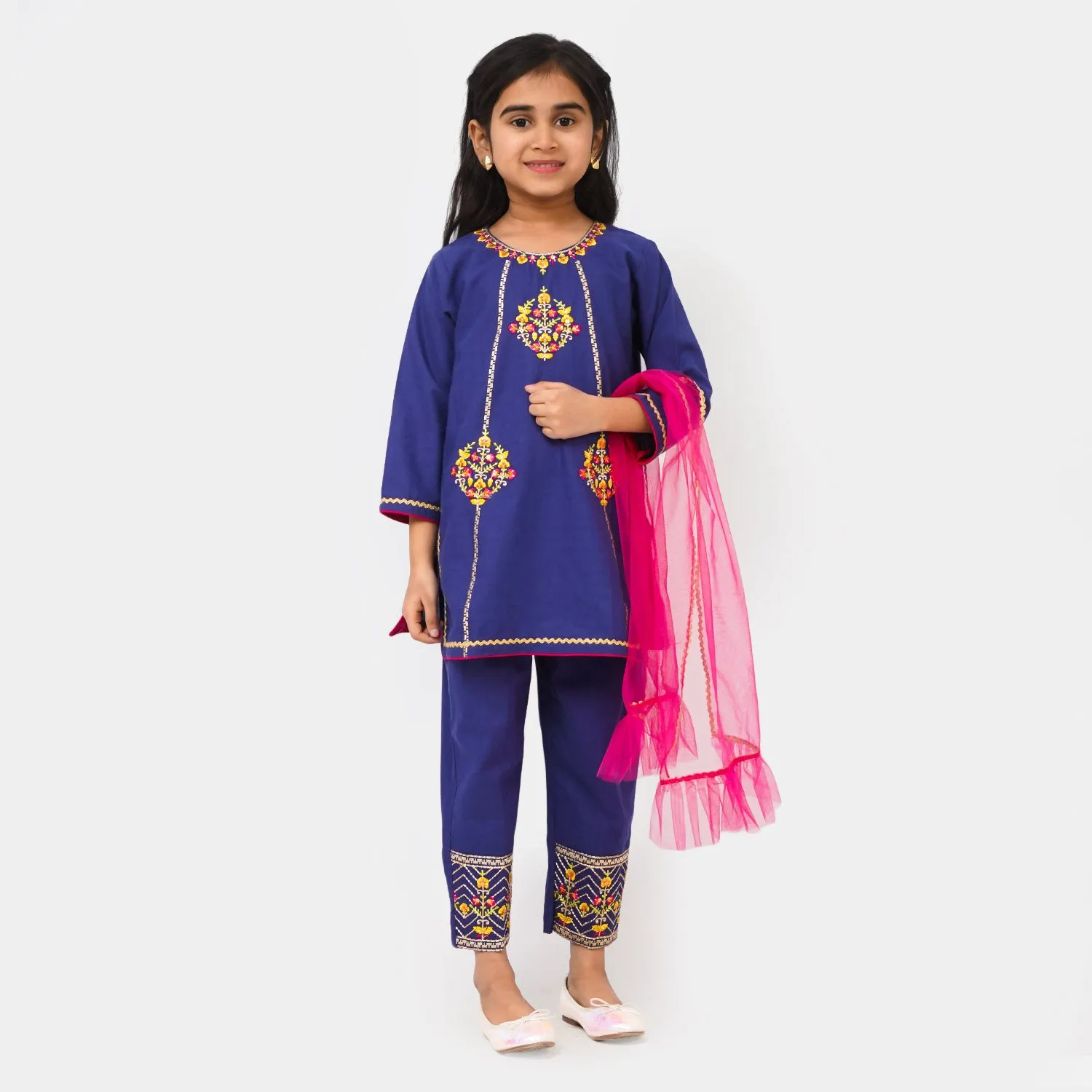 Girls Jacquard Rang Raiz 3Pcs Suit - Navy Blue