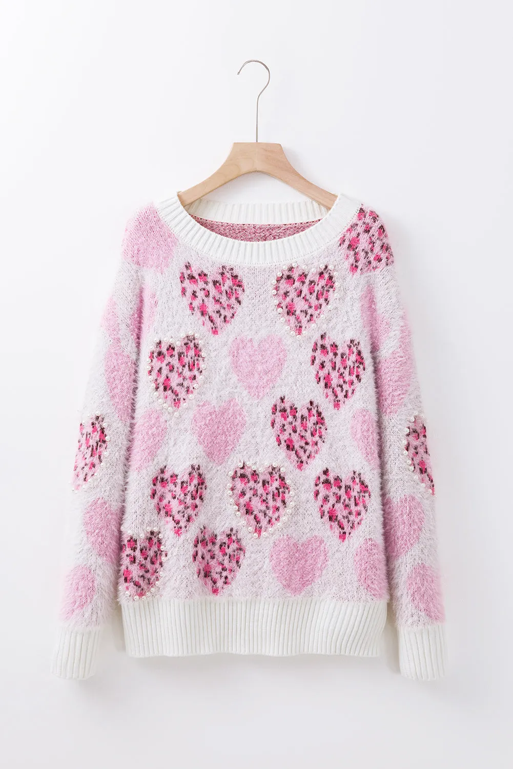 Heart Leopard Pearled Fuzzy Sweater