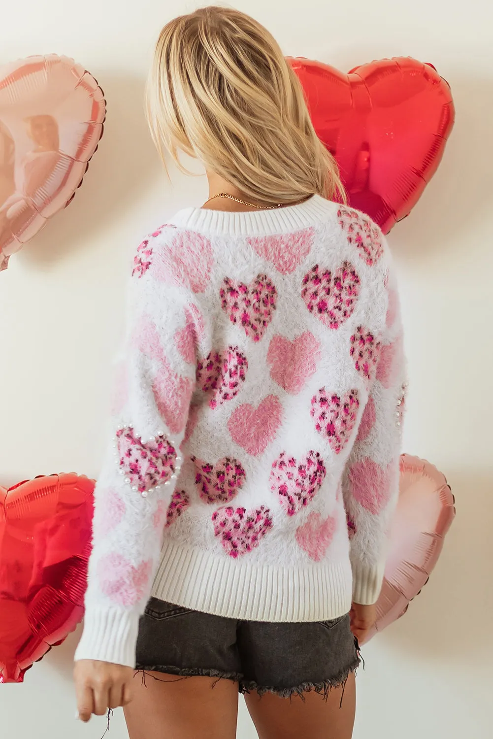 Heart Leopard Pearled Fuzzy Sweater