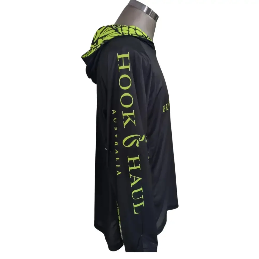 Hook And Haul | Hook-It Range Black Hi Vis Yellow Hooded Fishing Shirt