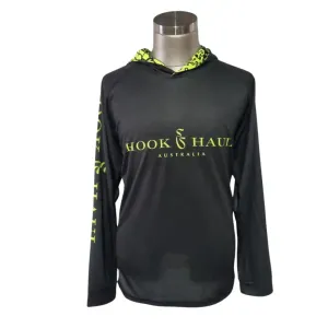 Hook And Haul | Hook-It Range Black Hi Vis Yellow Hooded Fishing Shirt