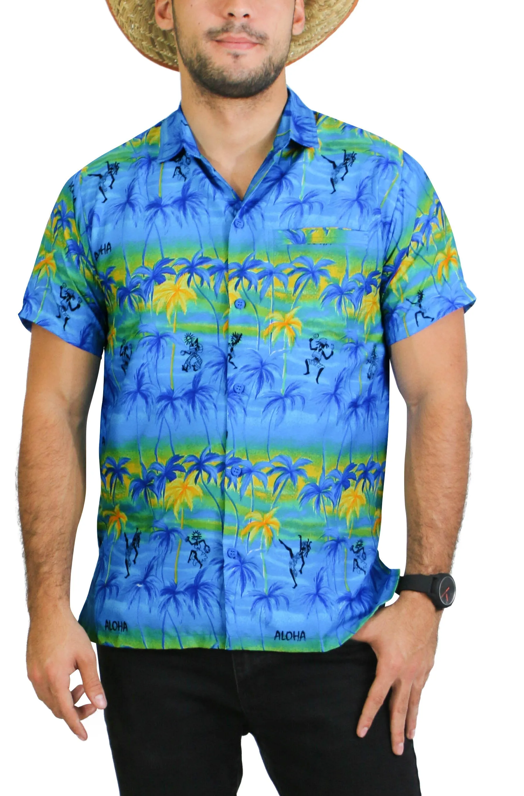 LA LEELA Shirt Casual Button Down Short Sleeve Beach Shirt Men Aloha Pocket shirt Blue_W44