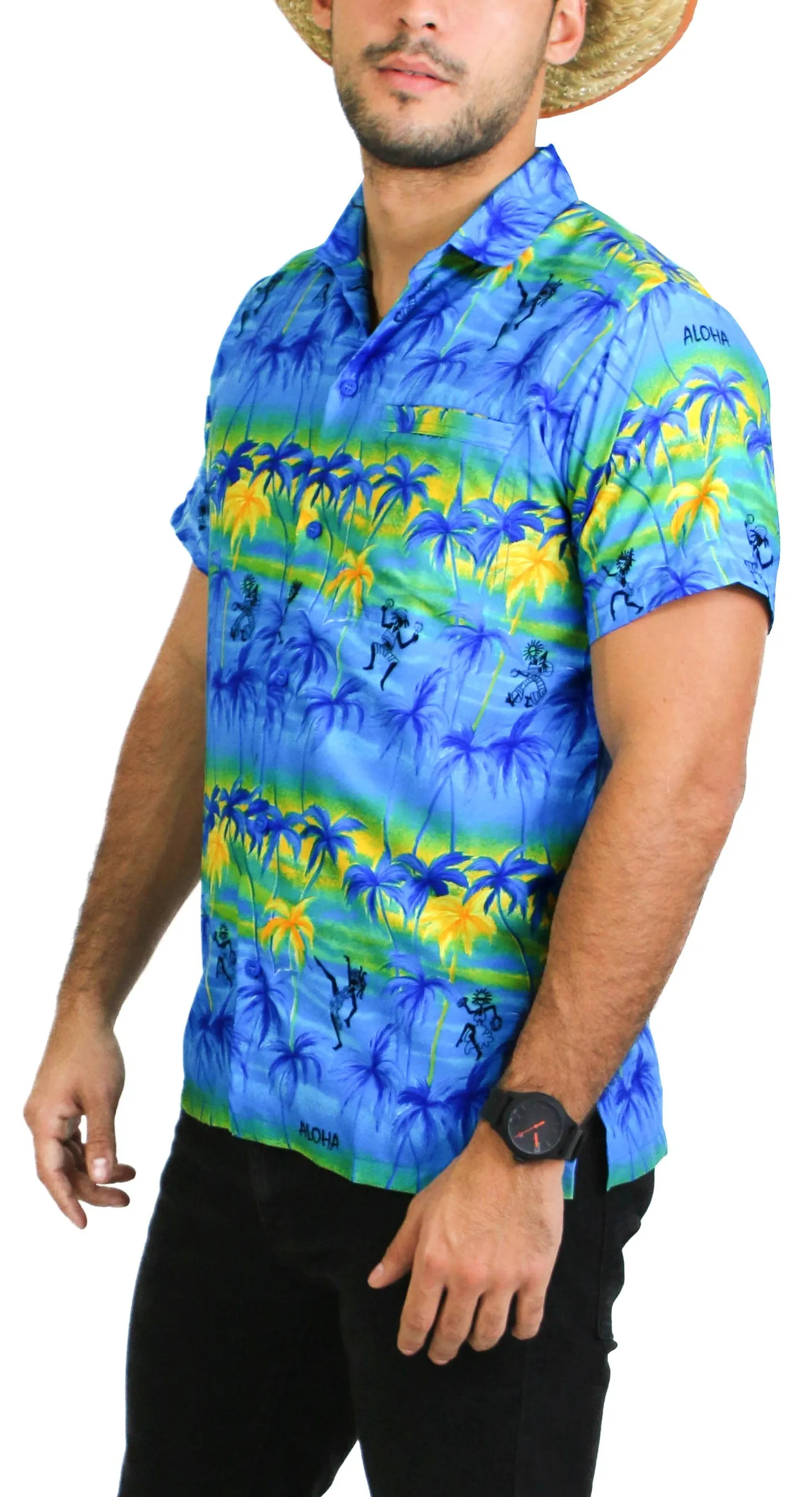 LA LEELA Shirt Casual Button Down Short Sleeve Beach Shirt Men Aloha Pocket shirt Blue_W44