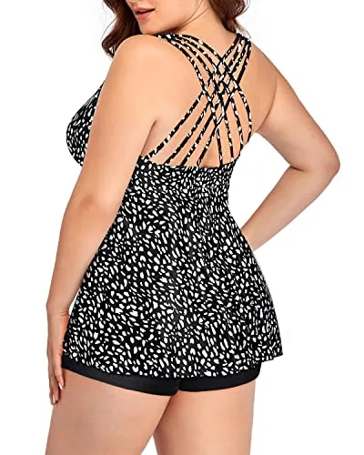 Long Plus Size Tankini Top Flyaway Hem For Women-Black And White Dot