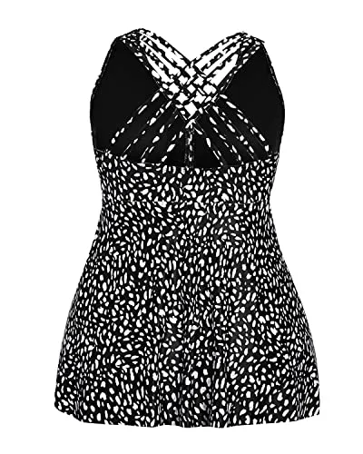 Long Plus Size Tankini Top Flyaway Hem For Women-Black And White Dot