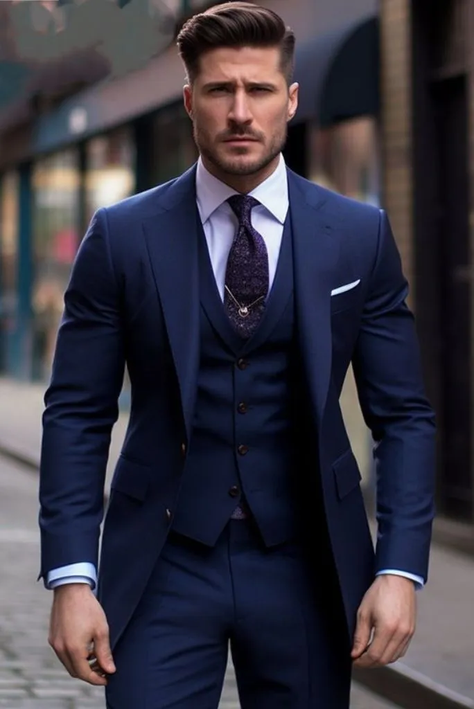 Men Stylish One Button Navy Blue Suit Three Piece Suit Engagement Wear Formal Fashion Slim Fit Bespoke Tailoring