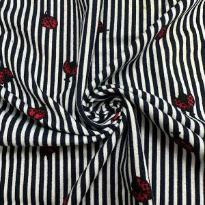 Navy Blue Stripe Ladybug Print Double Brushed Jersey Knit Fabric