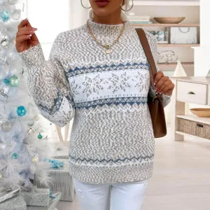 Nordic Fair Isle Mock Neck Chenille Marled Knit Snowflake Pullover Sweater - Apricot