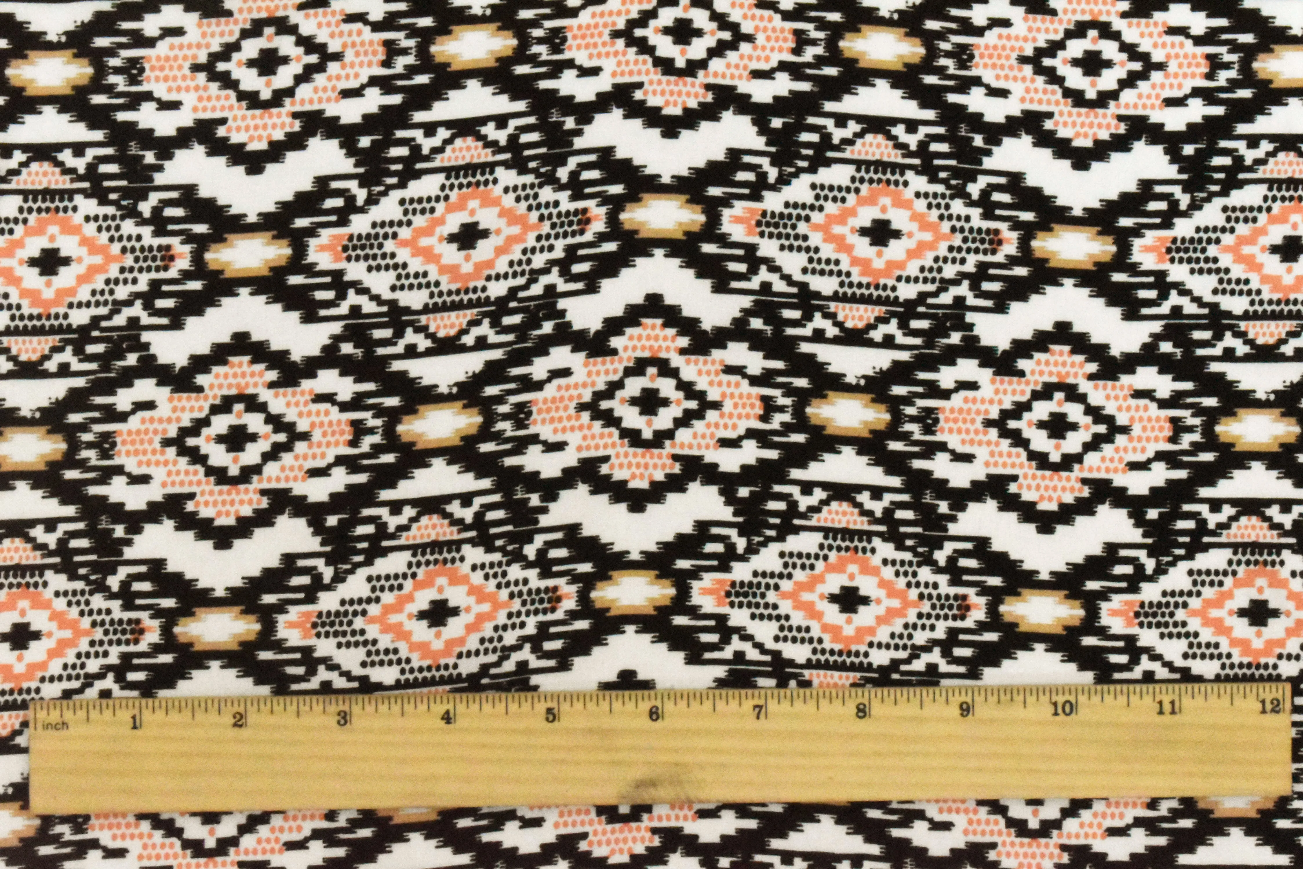 Orange-Black-Ivory Aztec Printed Challis Fabric