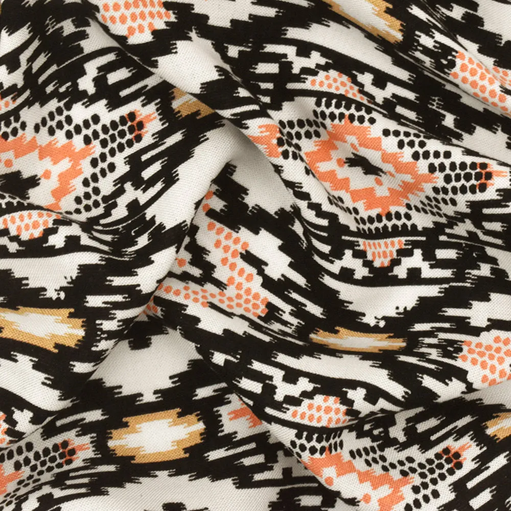 Orange-Black-Ivory Aztec Printed Challis Fabric