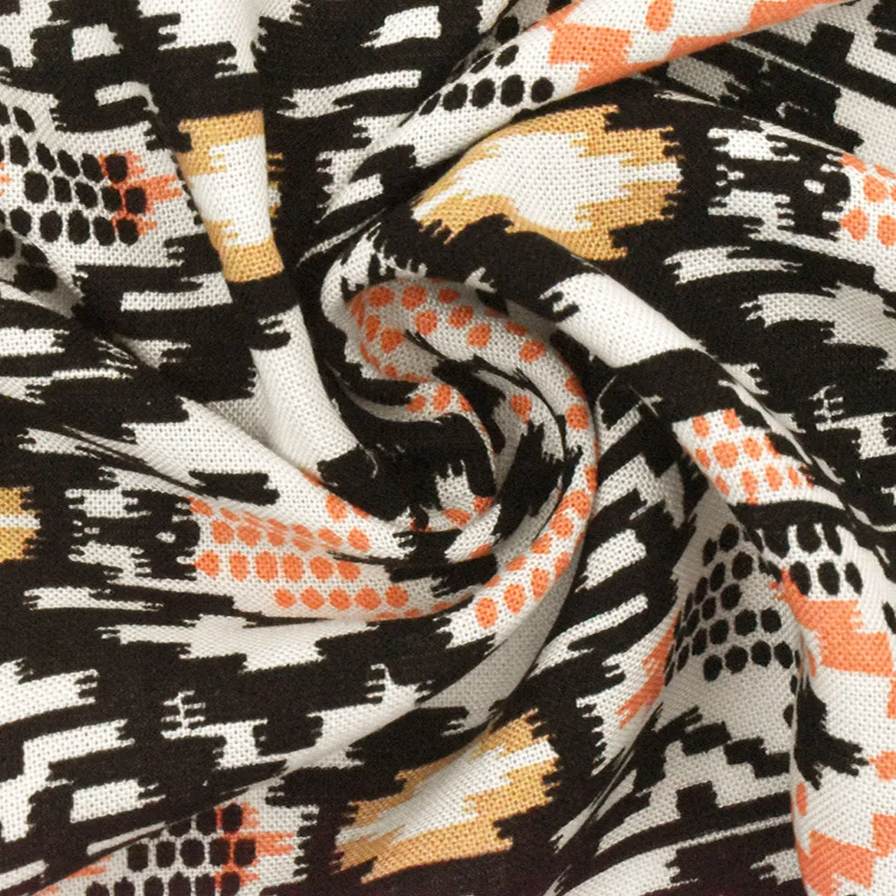 Orange-Black-Ivory Aztec Printed Challis Fabric