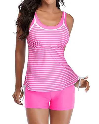 Padded Push Up Bra Tankini Swimsuits Shorts Slimming Swimwear-Pink Stripe