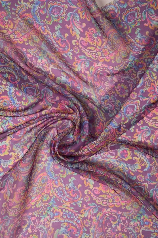 Purple Oriental Paisley Digital Printed Twinkle Organza Fabric