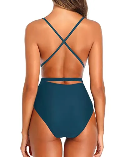 Sexy Plunge V Neck One Piece Swimsuits For Big Busts-Teal