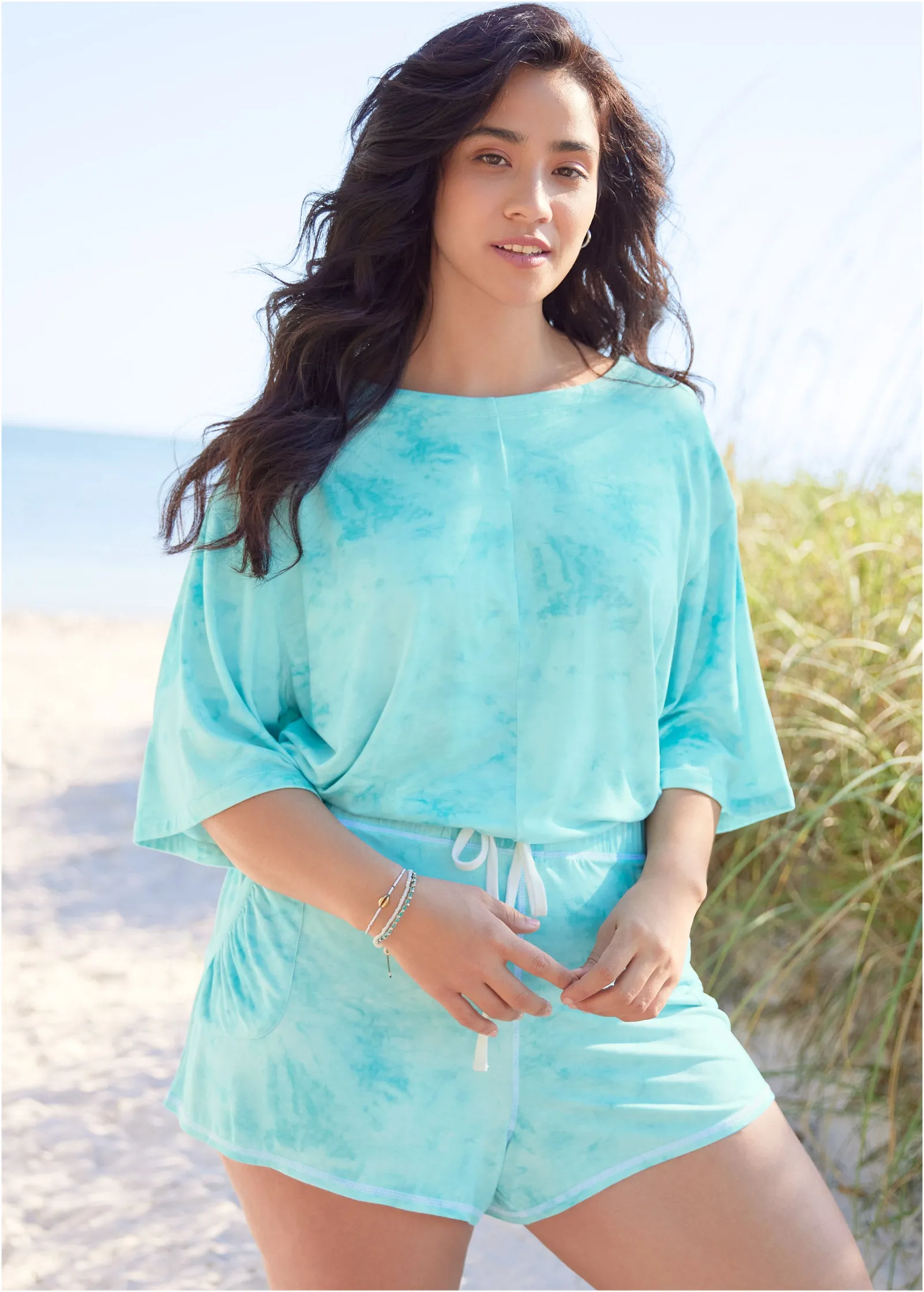 Short Sleeve Cover-Up - Aqua Reef & Pearl White