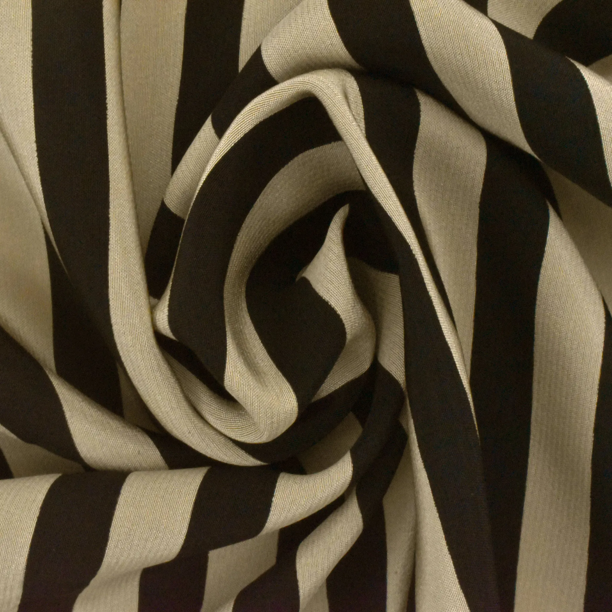 Taupe Beige-Black Stripe Printed Silk Crepe De Chine Woven Fabric