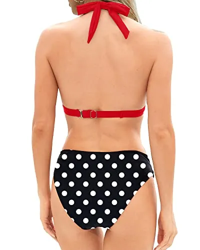 Two Piece Bikini Set Push Up Halter Swimsuit Vintage Swimwear-Red Dot